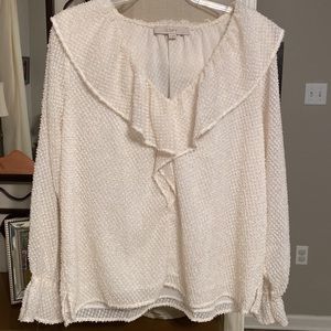 Reduced! NWOT Loft cream/gold long-sleeve ruffle top.
